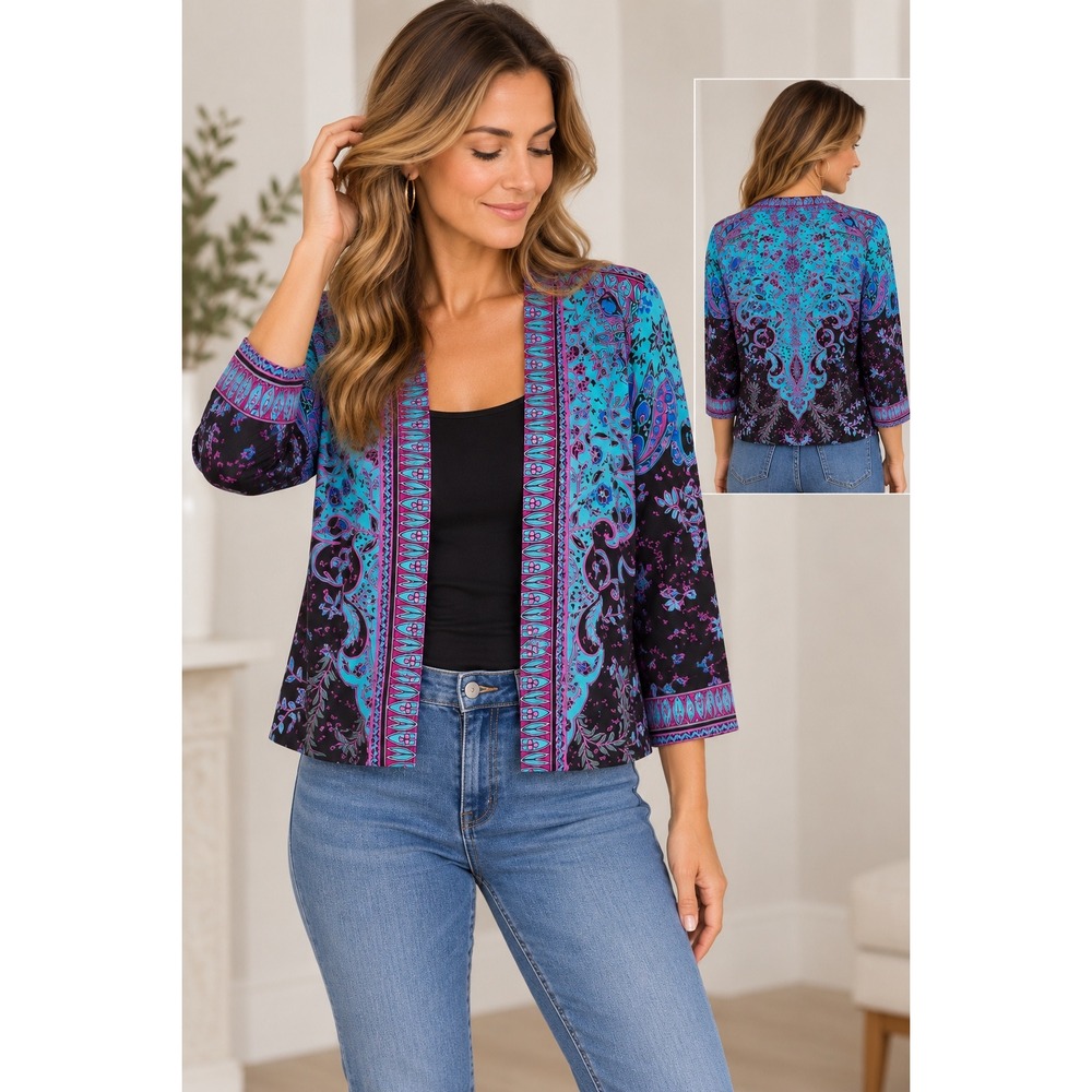 Bob Mackie Wearable Art Paisley Open Front Cardigan Turquoise Purple Black Med